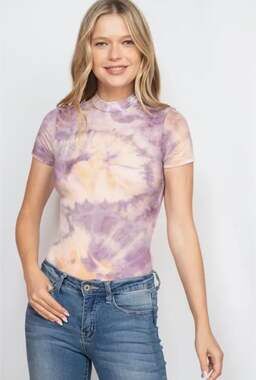 Popular 21 Purple and Orange Tie-Dye Mock Neck Mesh Short Sleeve Bodysuit